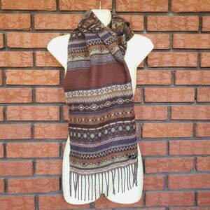 V Fraas Scarf Cashmink Fair Isle Nordic Brown Green Fringe Neutral Earth Tone